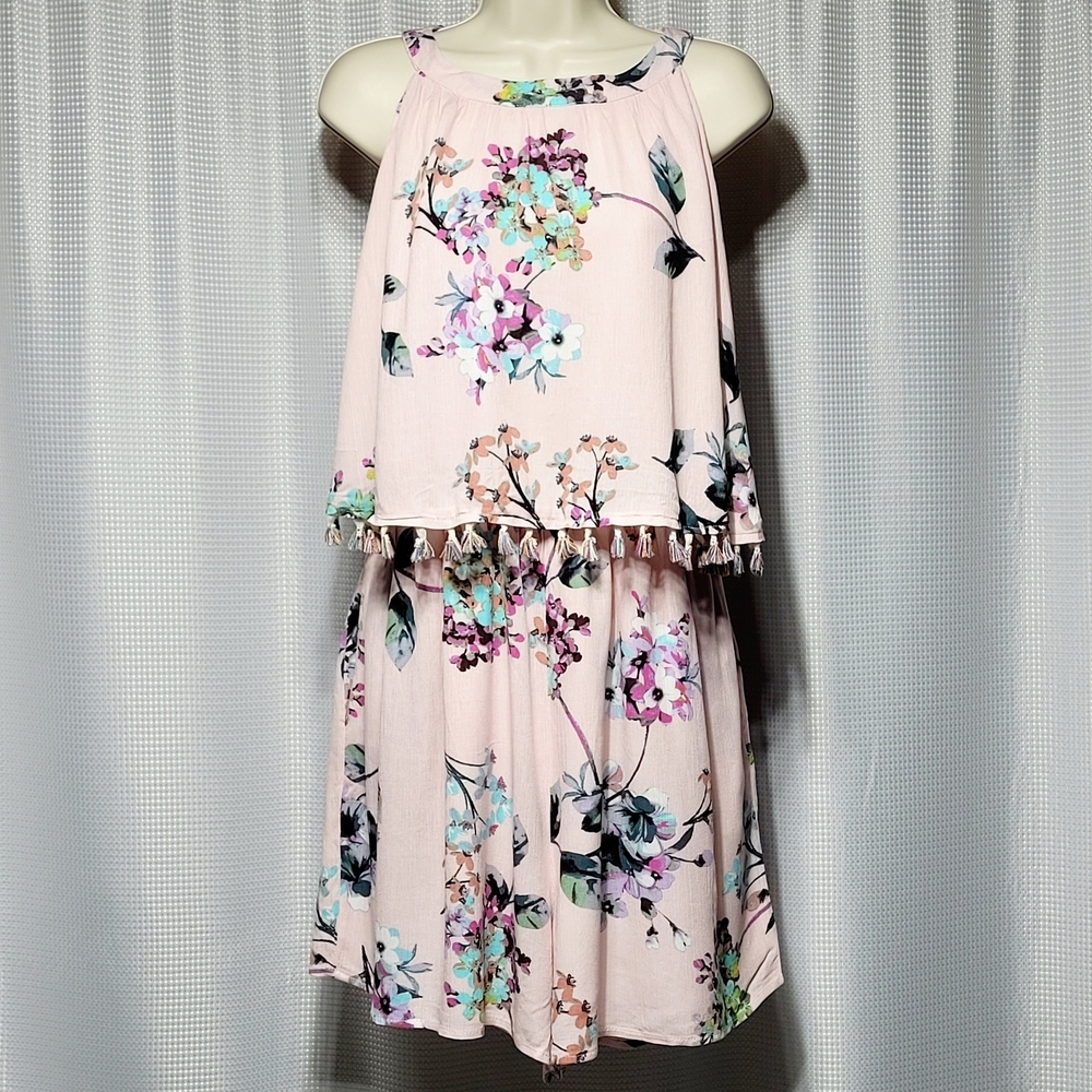 Chic Soul Pink Floral Layered Romper with Tassels (XL**)
